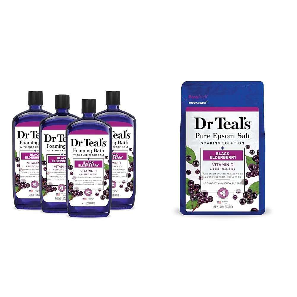 Dr Teal's Foaming Bath with Pure Epsom Salt, Black Elderberry with Vitamin D, 34 fl oz & Pure Epsom Salt Soak, Black Elderberry with Vitamin D, 3 lbs