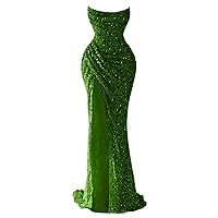 Mermaid Sparkly Sequin Prom Dresses for Women 2024, Long Strapless Formal Cocktail Party Evening Wedding Gowns with Slit