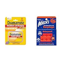 Dramamine Kids Chewable Motion Sickness Relief 8 Count & Mack's Soft Moldable Silicone Putty Ear Plugs Kids Size 6 Pair