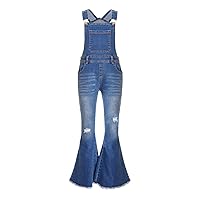 Kids Girls Denim Overall Ripped Bell-Bottom Jeans Dungarees Washed Distressed Pants Jumpsuit with Pockets