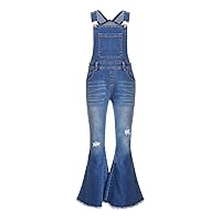 TiaoBug Kids Girls Ripped Denim Overalls Raw Hem Bell Bottom Dungarees Jumpsuit Adjustable Suspender Romper Playsuit