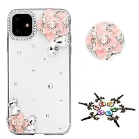 STENES Sparkle Phone Case Compatible with T-Mobile REVVL 6X 5G Case - Stylish - 3D Handmade Bling Camellia Flower Rhinestone Crystal Diamond Design Girls Women Cover - Pink