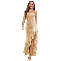 Sparkly Sequin Prom Dress with Slit Mermaid Spaghetti Straps Formal Evening Gowns for Women