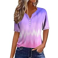 Summer Tops for Women 2024 Vacation Trendy Button V Neck Boho Short Sleeve T Shirts Casual Loose Comfy Tunic Clothes