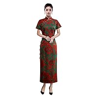 Women Cheongsam Silk Fragrant Cloud Yarn Floral Print Mock Collar Short Sleeve Red Wedding Long Dress 3635