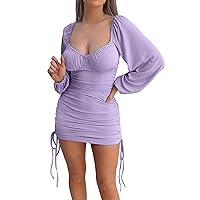 Dresses for Women 2024 Ribbed Knit Sexy Slim Drawstring Pleated Hip Cover Long Sleeve Dress