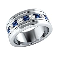 1.00 CT Round Cut Channel Set Blue Sapphire and Diamond Men's Weding Anniversary Band Ring Sizable Real 925 Sterling Silver