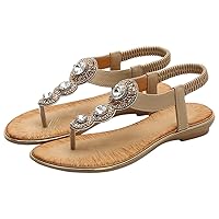 BIGTREE Womens Bohemian Rhinestone Thong Mini Wedge Sandals