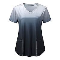Short Sleeve Tops for Women Summer Fall V Neck Gradient Colorblock Work Scrub Top T Shirt Blouse Women 2024