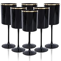 12 Pack Black Plastic Wine Glasses - 10 Oz Plastic Wine Glasses with Stem - Black and Gold Disposable Wine Glasses Perfect for Parties & Weddings & Halloween & Toasting & Outdoors & Camping