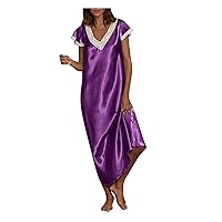 Women Satin Pajamas Lace Trim Sleepwear Casual Flare Short Sleeve V Neck Homewear Maxi Dresses Nightgown