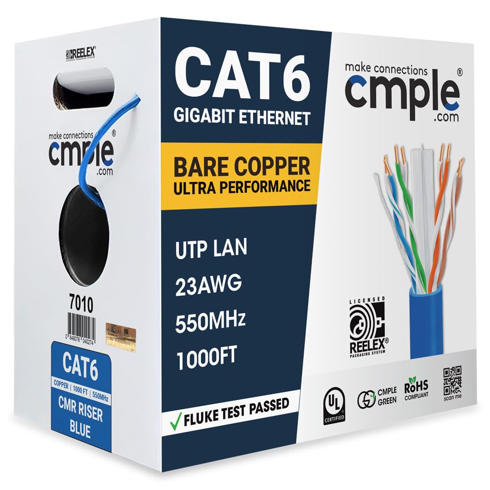 Cmple - Cat 6 Cable 1000ft, 23 AWG Bare Copper Wire CMR Riser Cat6 Ethernet Cable, (UTP) Unshielded Twisted Pair, Gigabit Ethernet Cord, 550Mhz, PoE++, Reelex Box - Blue