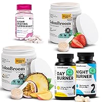ColonBroom Psyllium Husk Powders (2x60 Servings) + Day & Night Burner Supplements, Weight Management Pills (60 Servings) + Sugar Craving Suppressant - Chromium Picolinate 200mcg (60 Servings), 5 items