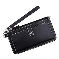 Slim Compact Bifold Wallet PU Leather Large Capacity Credit Card Holder Banknote Coin Purse Phone Handbag Women Purse with Wristlet Snap Closure (Black)