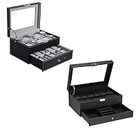 BEWISHOME Watch Box Organizer Watch Case with Real Glass Top, Metal Hinge Watch Storage Case for Men, Black