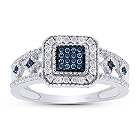 AFFY 1/10 Carat Round Cut Enhanced Blue And White Natural Diamond Square Frame Wedding Band In 14k Gold Over 925 Sterling Silver (Clarity : I2-I3, Color : I-J, 0.10 Cttw)