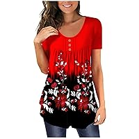 Womens Plus Size Tops,Short Sleeve Tunic V-Neck Button Shirt Casual Summer Fashion Sexy Printed Tees T-Shirt