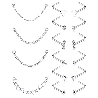 Tornito Nose Chain Piercing Across Double Nose Stud Chain CZ Heart Ball L Shaped Nose Chain(3.8CM-4.2CM) Nostril Piercing Jewelry for Women Men 20G Silver Gold Tone