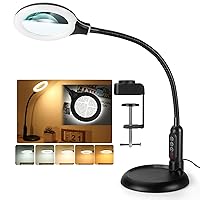 2-in-1 10X Magnifying Glass with Light and Stand, 5 Color Modes Stepless Dimmable LED Magnifying Clamp Lamp, Desk Lighted Magnifier Hands Free for Crafts Close Work Painting Hobby, Black