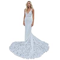 Tsbridal Beach Wedding Dresses Backless Mermaid Wedding Gown Bohemia Lace Sleeveless Bridal Gowns