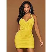 Summer Dresses for Women 2022 Ruched Wrap Cross Backless Halter Bodycon Dress Dresses for Women (Color : Yellow, Size : Large)