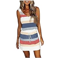Sundresses for Women 2024 Summer Trendy Striped Drawstring Boho Beach Dress Casual Loose V Neck Mini Dress with Pockets