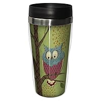 Whimsical Owl on Green Travel Mug, Stainless Lined Coffee Tumbler, 16-Ounce - by Paul Brent - Gift for Bird Lovers - Tree-Free Greetings sg23431