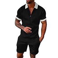 GUINE Mens Casual Zip Up Polo Shirt Shorts Set 2 Piece Outfits Fashion Summer Tracksuit Plus Size Short Sleeve and Shorts Set