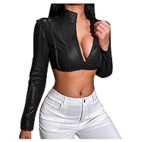Leather Jacket Women Y2K Cropped Stand Collar Zip up Fashion PU Sexy Motorcycle Jackets Brown Black