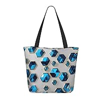 Blue Hexagons and Diamonds Tote Bag with Zipper for Women Inside Mesh Pocket Heavy Duty Casual Anti-water Cloth Shoulder Handbag Outdoors