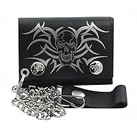 AES Pirate Skull Tribal Black Genuine Leather Wallet with Chain (4 inch)