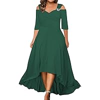 Formal Dresses for Women 2024 Summer Casual Plus Size Cold Shoulder High Low Hem Tunic Pleated Wedding Guest Dress