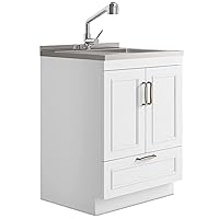 SIMPLIHOME Cardinal Transitional 28 Inch Laundry Cabinet with Faucet and Stainless Steel Sink in White, For the Laundry Room and Utility Room
