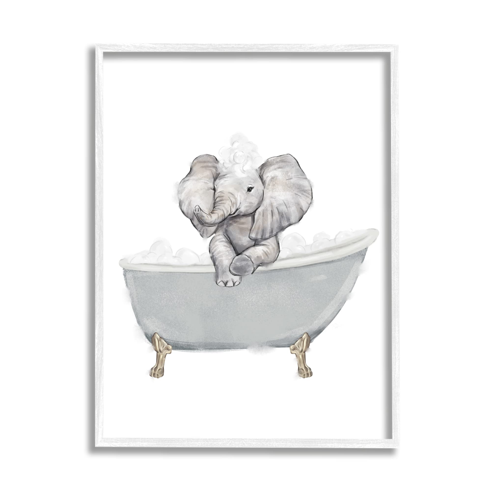 Stupell Industries Baby Elephant Bubble Claw Bathtub Safari Animal Bathroom, Designed by Ziwei Li White Framed Wall Art, 16 x 20