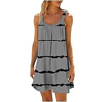 Irregular Striped Print Sleeveless Dress Women Summer Casual Beach Sundress Loose Scoop Neck Tank Tunic Dresses