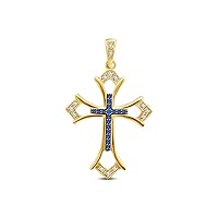 14K Yellow Gold Over 925 Sterling Round Blue Sapphire and White Cubic Zirconia Religious Cross Pendant