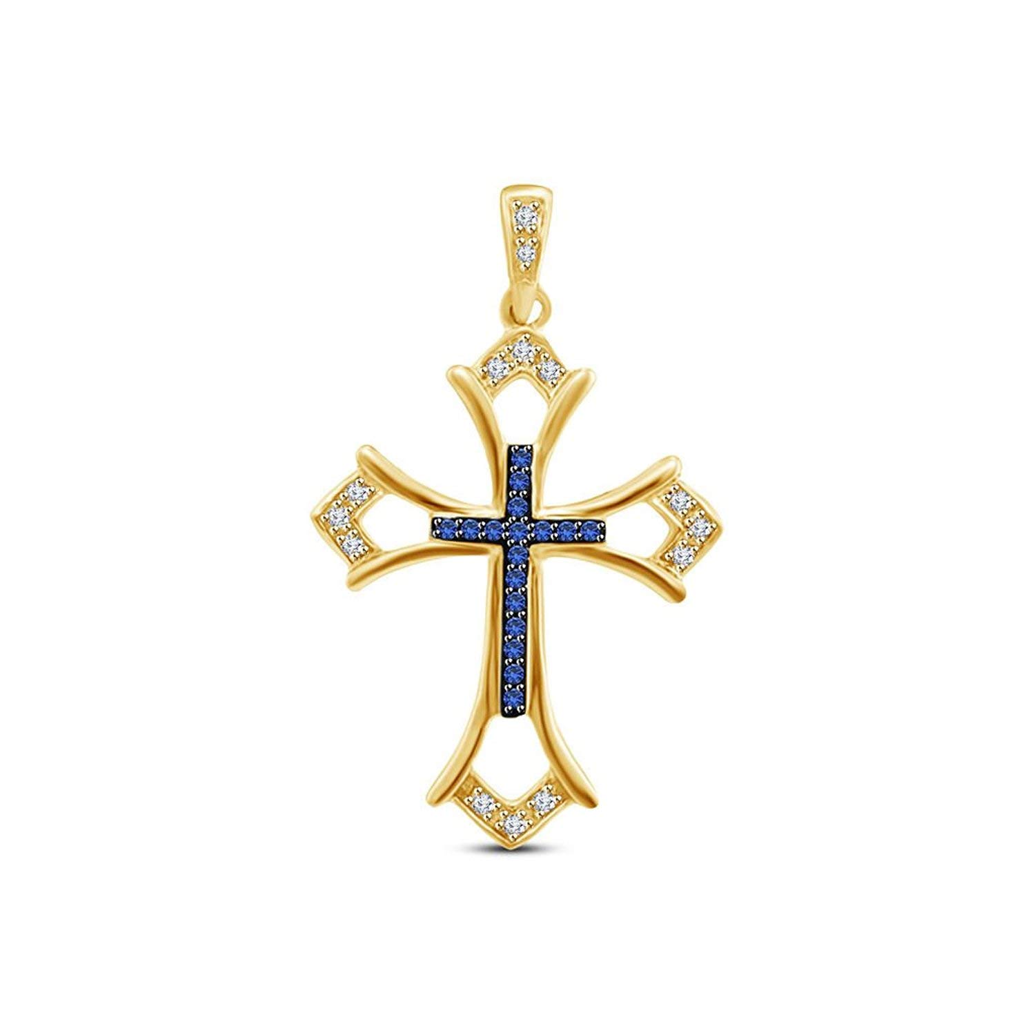 AT Jewels 14K Yellow Gold Over 925 Sterling Round Blue Sapphire and White Cubic Zirconia Religious Cross Pendant
