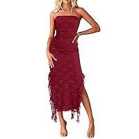 MEROKEETY Women's 2024 Strapless Bodycon Tube Dress Sexy Floral Lace Ruffle Slit Wedding Guest Cocktail Midi Dresses