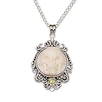 NOVICA Handmade .925 Sterling Silver Peridot Pendant Necklace Bone White Skull from Bali Green Indonesia Birthstone Halloween Day of The Dead 'Skull Stare in White'