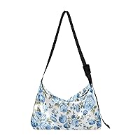 ALAZA Blue Rose Flower Floral Womens Tote Bag Leather Shoulder Bag For Women Men Large Hobo Cross Body Bags Handbag