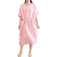 Women's Summer Loose Drawstring Waist Tunic Linen Dresses with Pockets