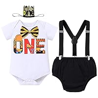 IBTOM CASTLE Baby Boys Sports Themed 1st Birthday Party Outfits One Romper Suspenders Pants Crown Hat Photoshoot Clothes Set