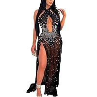 Women Sexy Rhinestone Halterneck Split Maxi Dress Cutout See Through Mesh Dress for Party Club Night