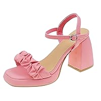 Ladies Fashion Solid Color Pleated Leather Open Toe Buckle Thick High Heel Sandals Lace up Sandals for Women Heels