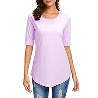 Womens Elbow Length Sleeve Tops Summer Fashion Cotton Blouses Casual Tunic Tee Shirts