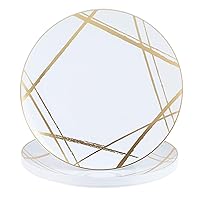 Party Plastic Plates – White and Gold Brush Stroke Design - Round - 10 Count- Elegant Premium Durable Plates for Versatile Celebrations (9”)