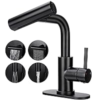 Bathroom Sink Faucet with Pull Down Sprayer, 4 Mode Matte Black Bathroom Faucet, Single Handle Tall Bathroom Faucet 1 or 3 Hole with Pop-up Drain & Deck Mount Plate