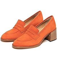 MOOMMO Women Classic Chunky Block High Heel Loafers Pumps Round Closed Toe Slip On Oxford Shoes Suede Square Toe Penny Loafer 2