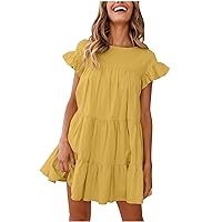 Womens Casual Baby Doll Dress Cotton Linen Pleated Tiered Summer Dresses Ruffle Short Sleeve Crew Neck Loose Mini Dress