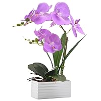 Artificial Real Touch Orchid Flowers in Pot Fake Phalaenopsis Flower with White Ceramic Vase Faux Orchids Arrangement for Home Table Office Wedding Party Decoration (Purple)
